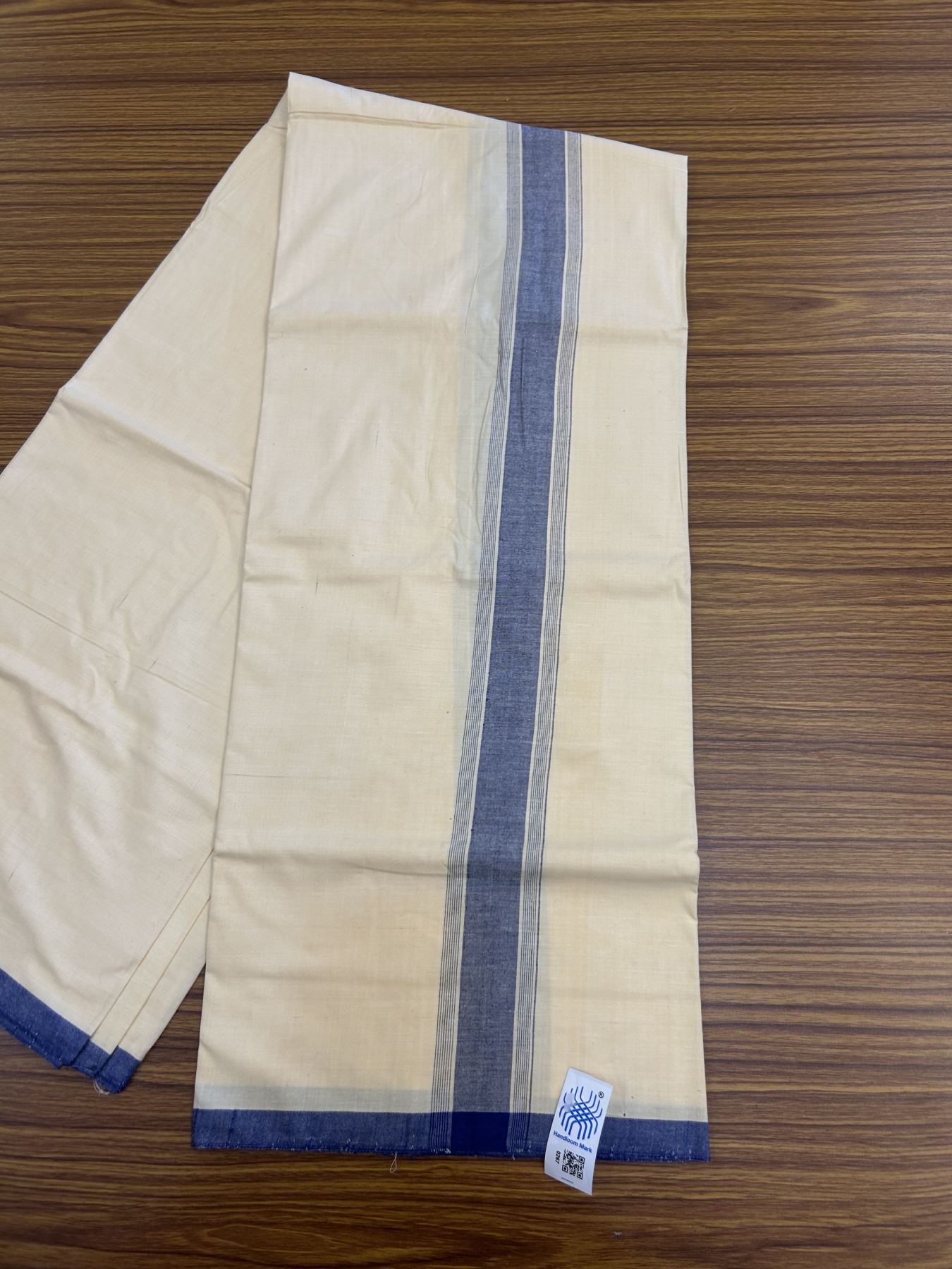 Kannur Kavi Dhoti - KaithariKada Kerala Handloom Single Mundu/Dhoti - 100% Pure Cotton 2/80x2/80s Thread - Kannur Light Yellow colour Body 2 inch Blue Striped Kara - 6KK5333 KAL