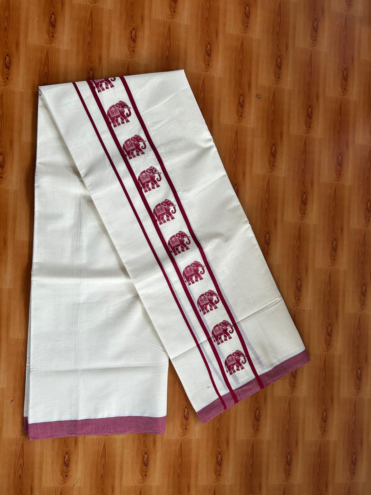 Double Off White (Unbleached) Mundu/Dhoti - 20% Discount! KaithariKada Pulimood 100% Cotton 80x72 - 2.5 inch Maroon Elephant Printed Design Kara - 4 mtr (8.5 muzham) - 32 KK5553 STH
