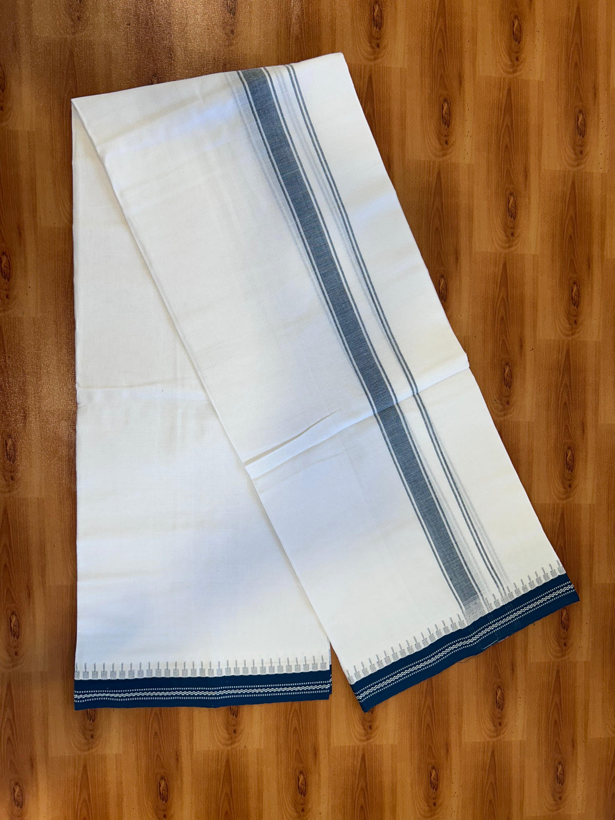 Premium Kathar Type Mercerised Pure Cotton Single Mundu Kaitharikada Special - Kaily / Lungi -  1 inch Peacock Blue Striped kara With White Body Kuppadam Border (2 meter / 4 muzham) - 3 KK8076 MRH