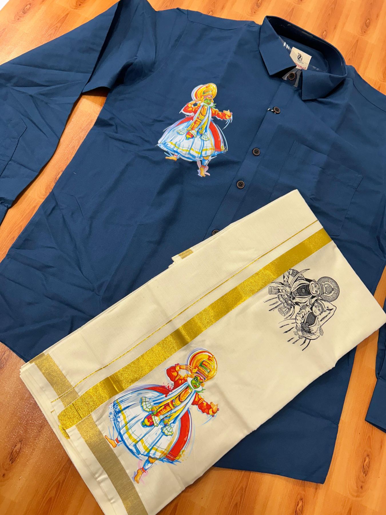 Combo Shirt Mund Mixed cotton - Full Sleeve - KaithariKada - 1 inch Gold Kasav Kara & Kathakali Printed Design Blue Shirt - 1 KK7052 KUT