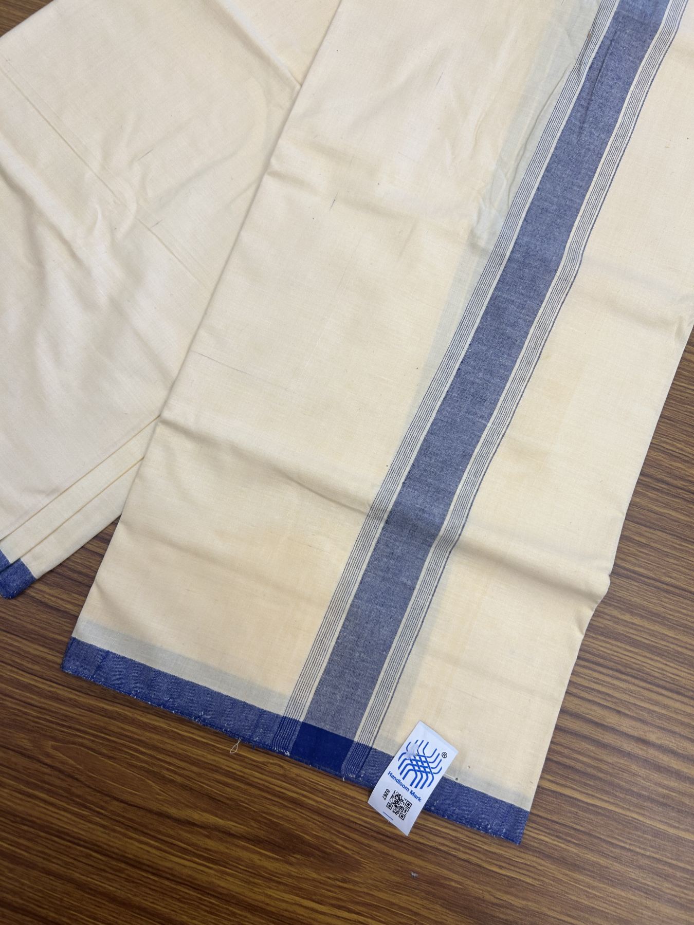 Kannur Kavi Dhoti - KaithariKada Kerala Handloom Single Mundu/Dhoti - 100% Pure Cotton 2/80x2/80s Thread - Kannur Light Yellow colour Body 2 inch Blue Striped Kara - 6KK5333 KAL
