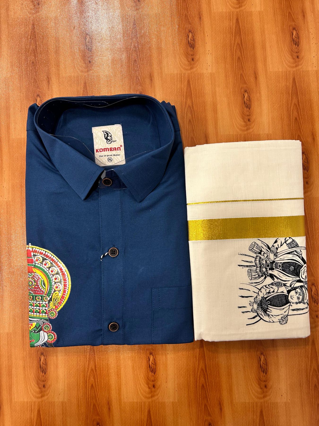 Combo Shirt Mund Mixed cotton - Full Sleeve - KaithariKada - 1 inch Gold Kasav Kara & Kathakali Printed Blue Shirt - 2 KK7052 KUT