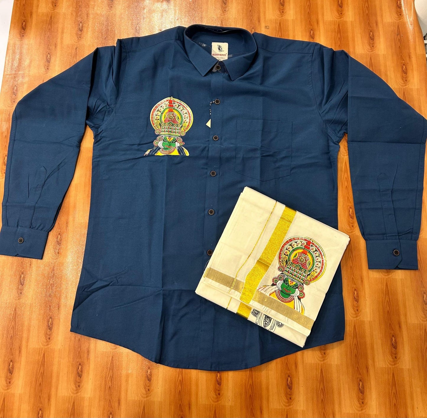 Combo Shirt Mund Mixed cotton - Full Sleeve - KaithariKada - 1 inch Gold Kasav Kara & Kathakali Printed Blue Shirt - 2 KK7052 KUT