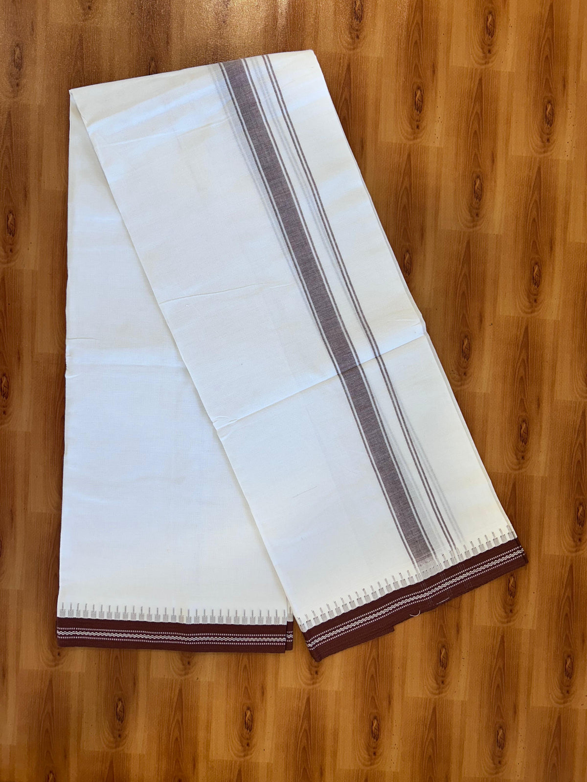 Premium Kathar Type Mercerised Pure Cotton Single Mundu Kaitharikada Special - Kaily / Lungi -  1 inch Burnt Brown Striped kara With White Body Kuppadam Border (2 meter / 4 muzham) - 4 KK8076 MRH