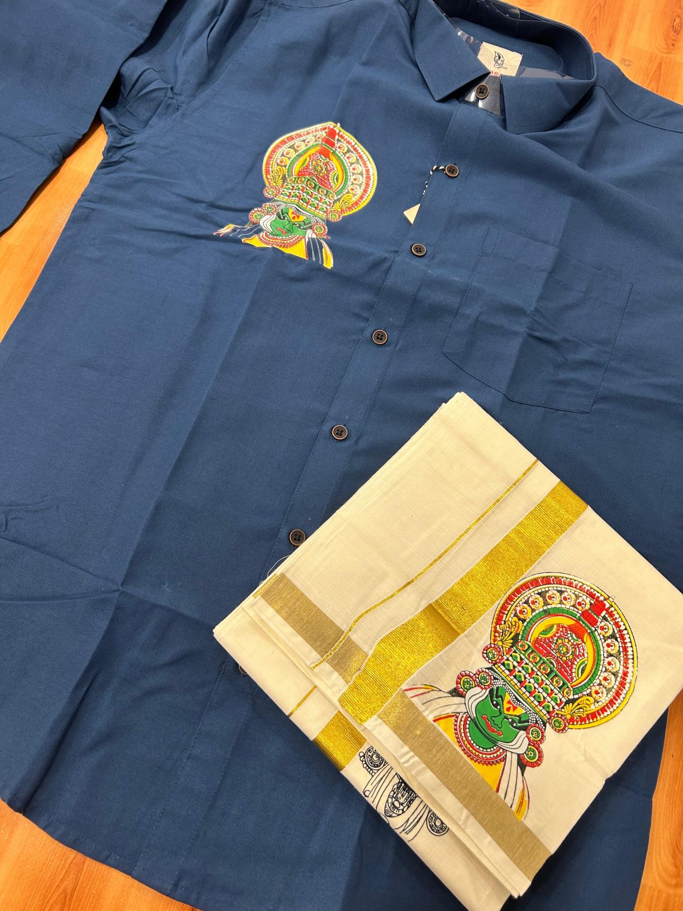 Combo Shirt Mund Mixed cotton - Full Sleeve - KaithariKada - 1 inch Gold Kasav Kara & Kathakali Printed Blue Shirt - 2 KK7052 KUT