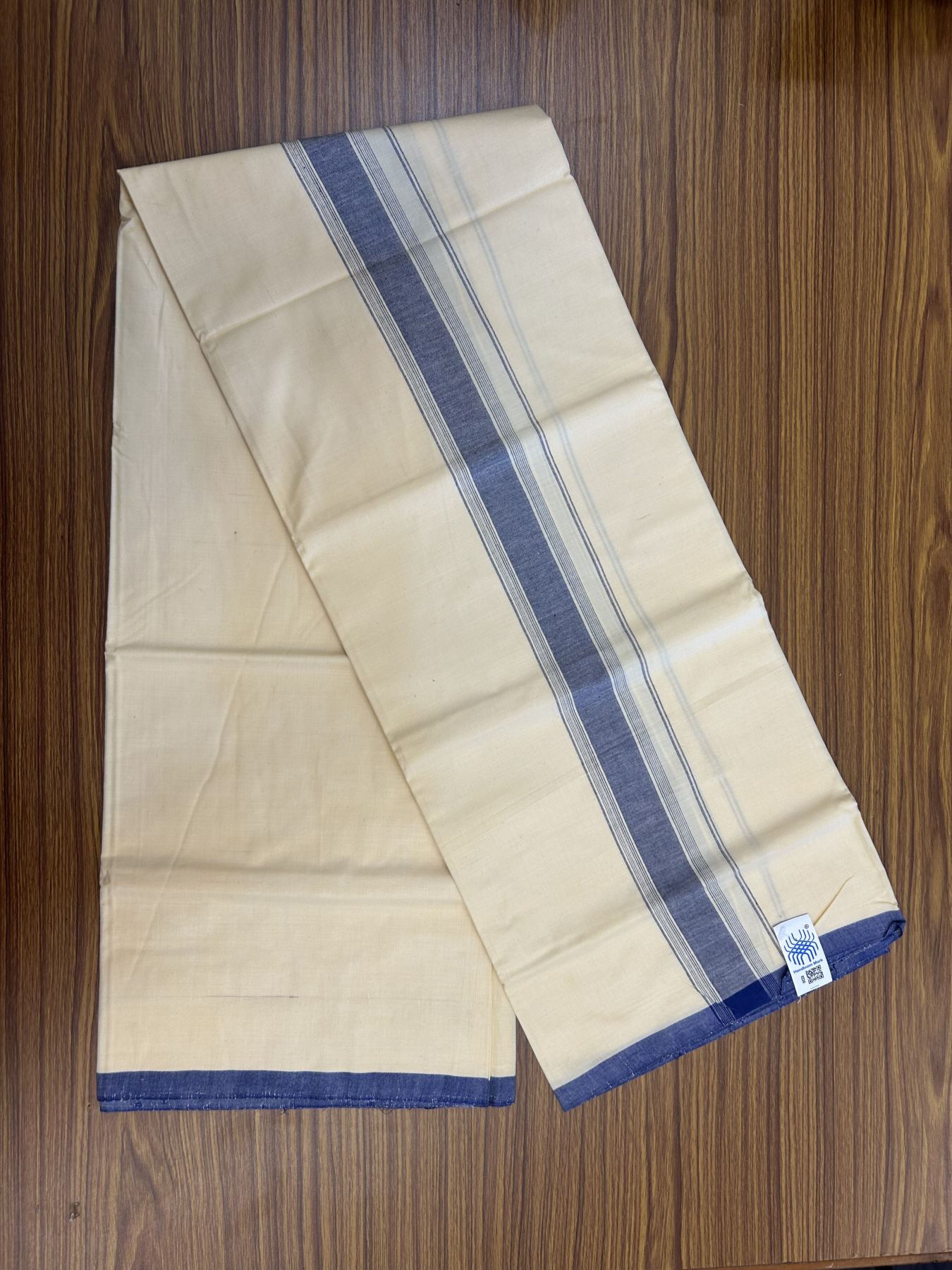 Kannur Kavi Dhoti - KaithariKada Balaramapuram Handloom Single Mundu/Dhoti - 100% Pure Cotton 2/80x2/80s Thread - Kannur Light Yellow colour Body 2 inch Blue Striped Kara - 8 KK5333 KAL