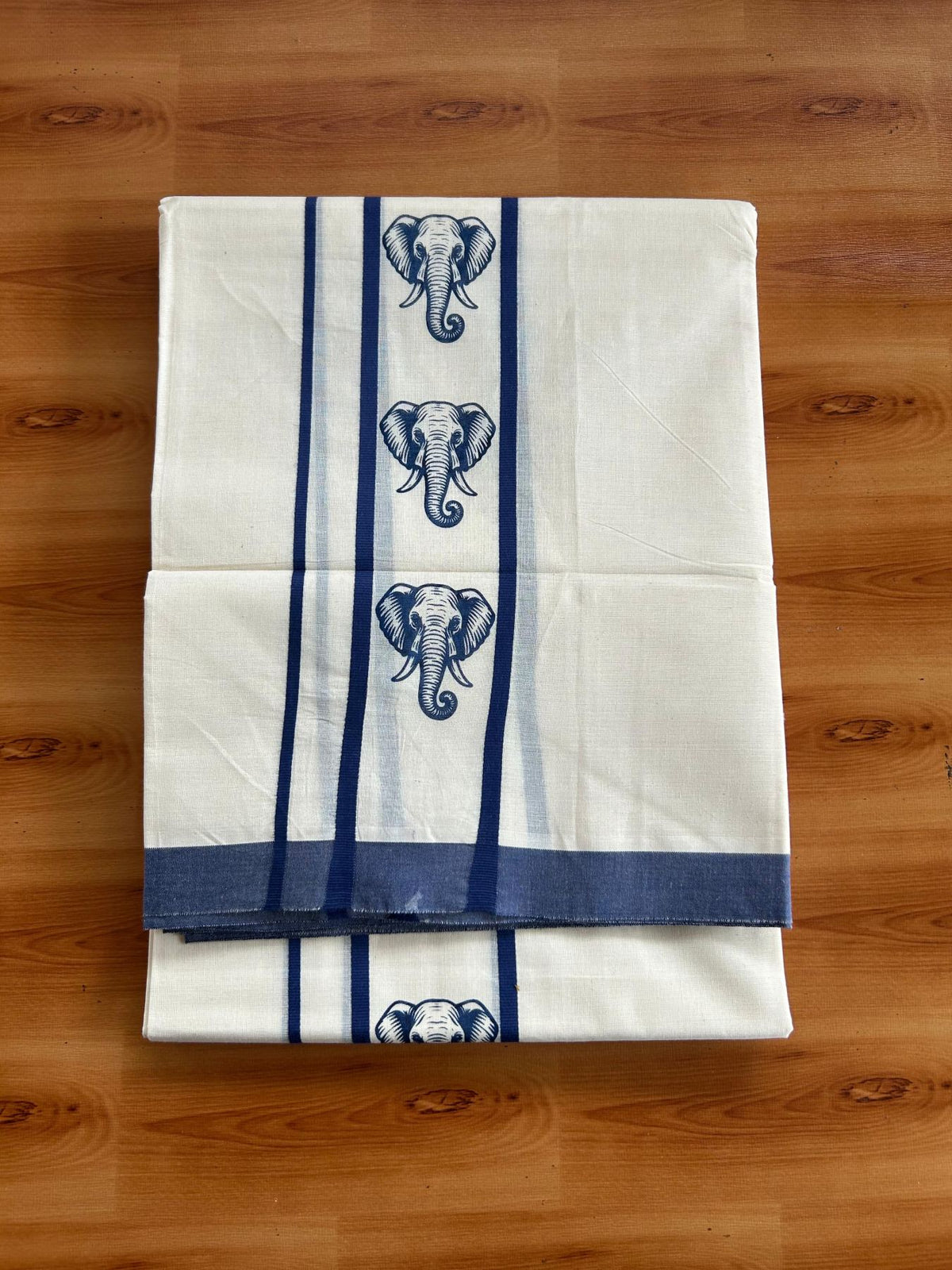 Double Off White (Unbleached) Mundu/Dhoti - 20% Discount! KaithariKada Pulimood 100% Cotton 80x72 - 2.5 inch Navy Blue Elephant Printed Design Kara - 4 mtr (8.5 muzham) - 34 KK5553 STH