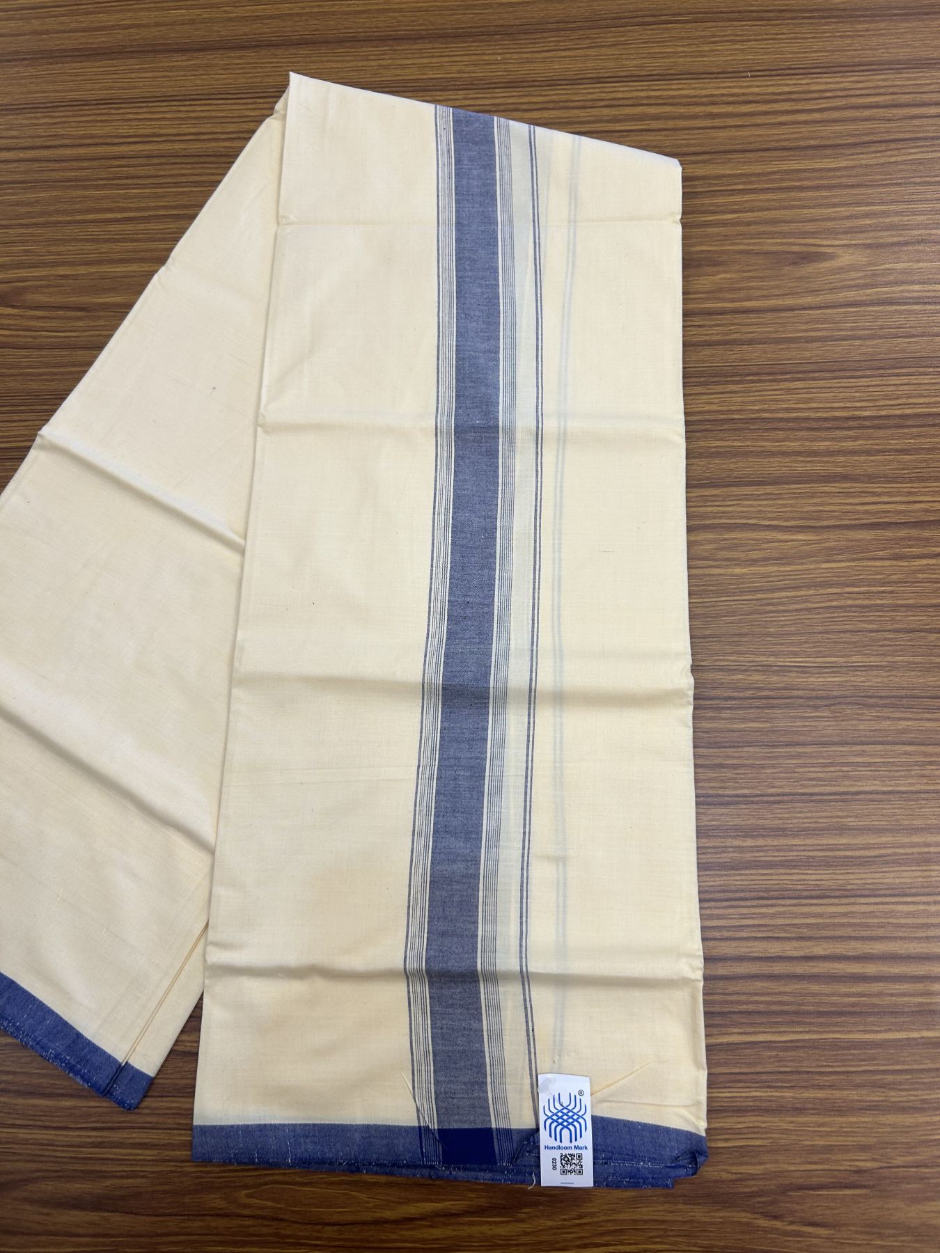 Kannur Kavi Dhoti - KaithariKada Balaramapuram Handloom Single Mundu/Dhoti - 100% Pure Cotton 2/80x2/80s Thread - Kannur Light Yellow colour Body 2 inch Blue Striped Kara - 8 KK5333 KAL