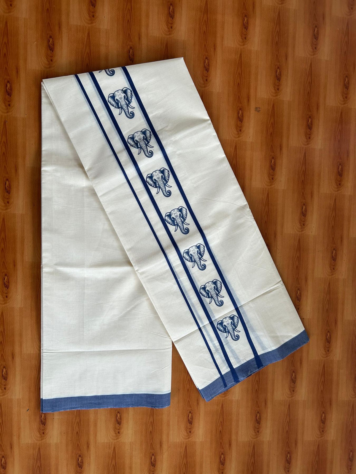 Double Off White (Unbleached) Mundu/Dhoti - 20% Discount! KaithariKada Pulimood 100% Cotton 80x72 - 2.5 inch Navy Blue Elephant Printed Design Kara - 4 mtr (8.5 muzham) - 34 KK5553 STH