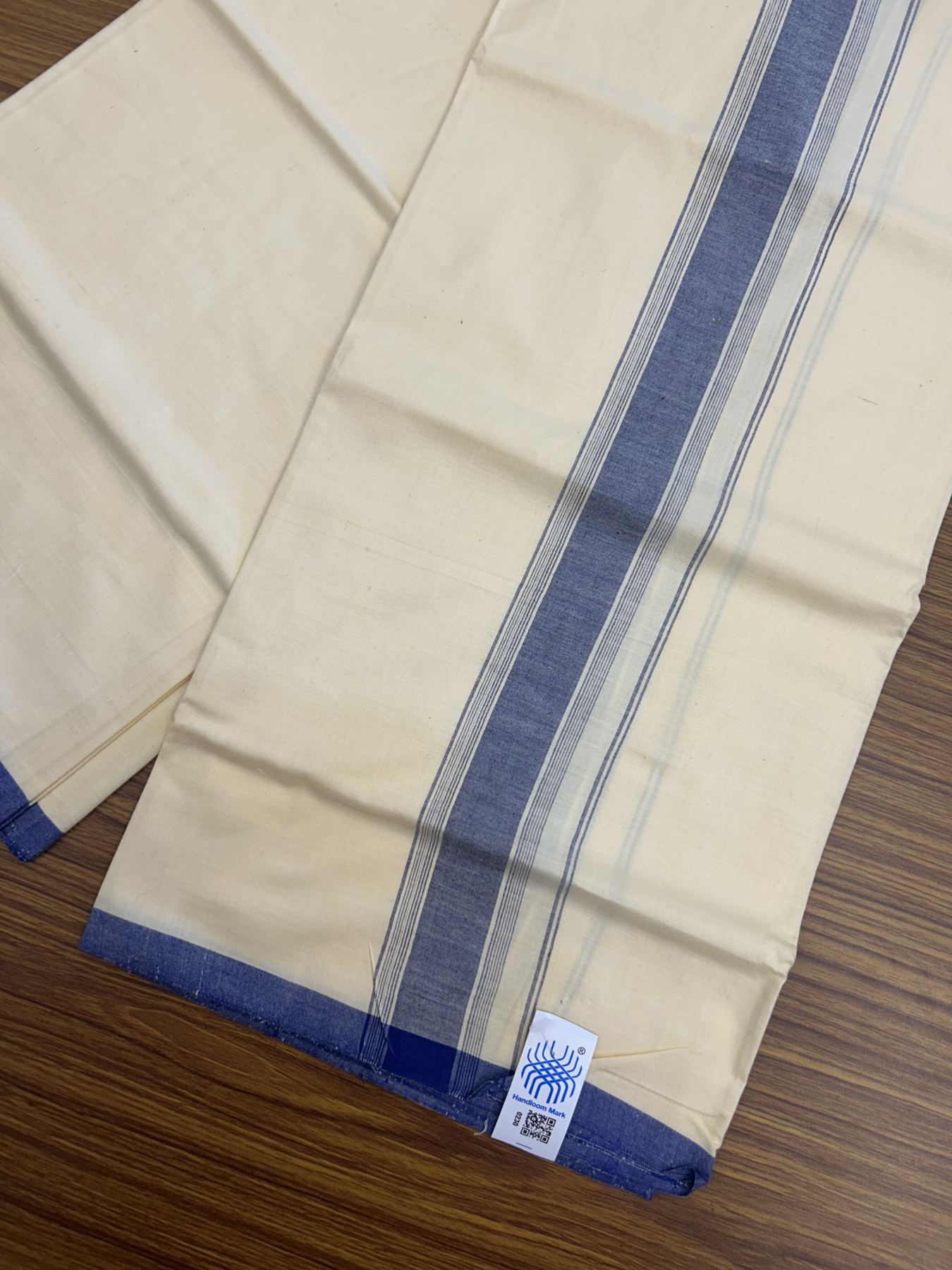 Kannur Kavi Dhoti - KaithariKada Balaramapuram Handloom Single Mundu/Dhoti - 100% Pure Cotton 2/80x2/80s Thread - Kannur Light Yellow colour Body 2 inch Blue Striped Kara - 8 KK5333 KAL