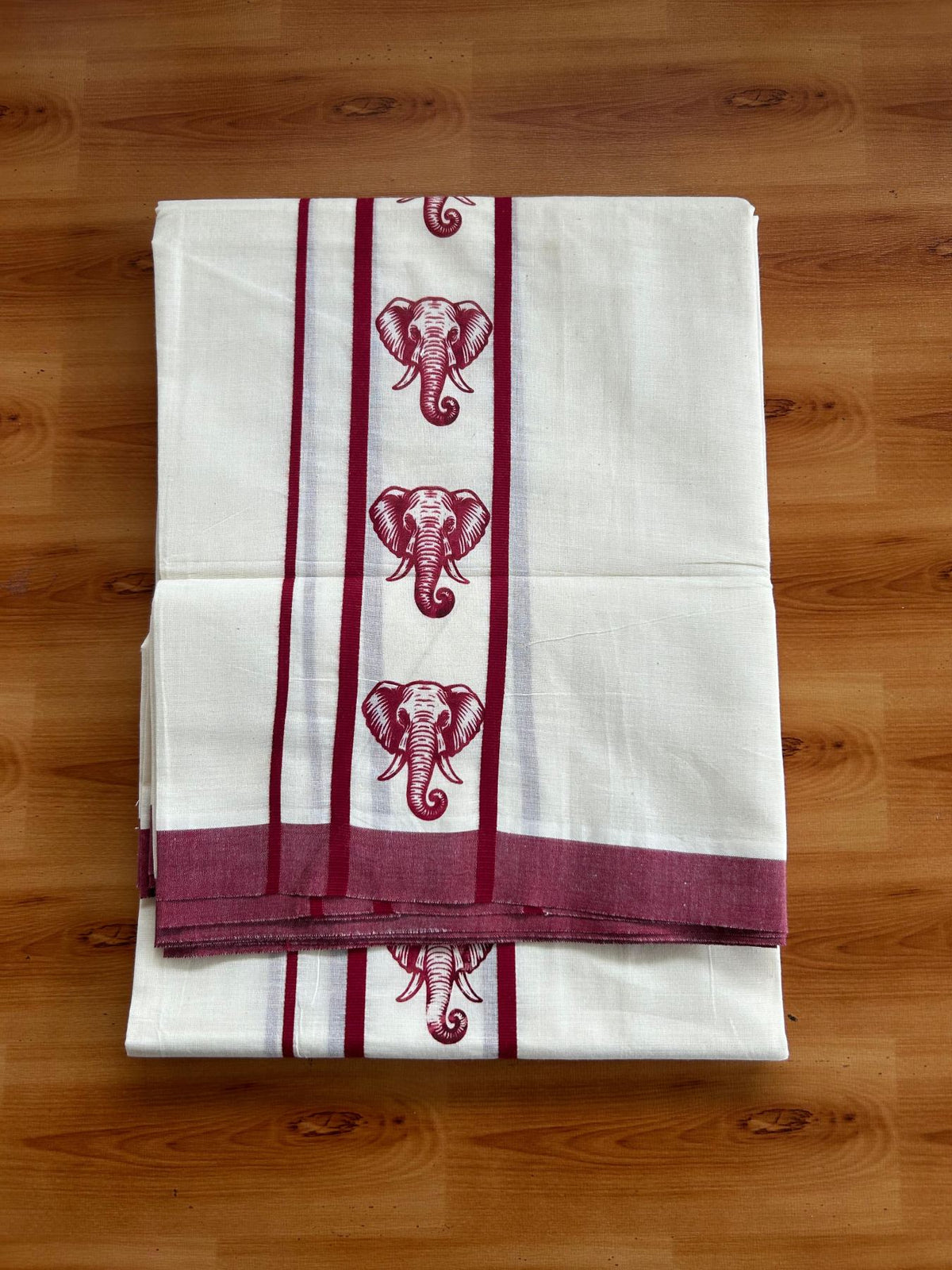 Double Off White (Unbleached) Mundu/Dhoti - 20% Discount! KaithariKada Pulimood 100% Cotton 80x72 - 2.5 inch Maroon Elephant Printed Design Kara - 4 mtr (8.5 muzham) - 33 KK5553 STH