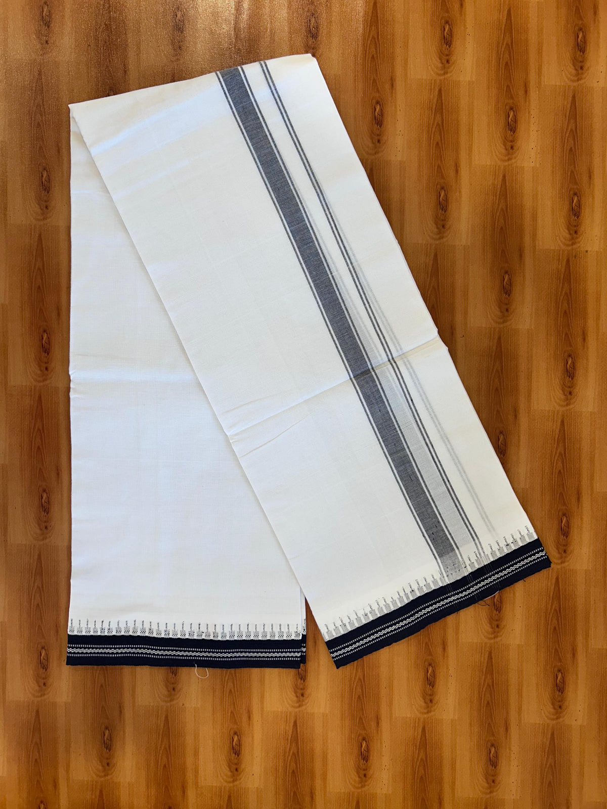 Premium Kathar Type Mercerised Pure Cotton Single Mundu Kaitharikada Special - Kaily / Lungi -  1 inch Navy Blue Striped kara With White Body Kuppadam Border (2 meter / 4 muzham) - 1 KK8076 MRH