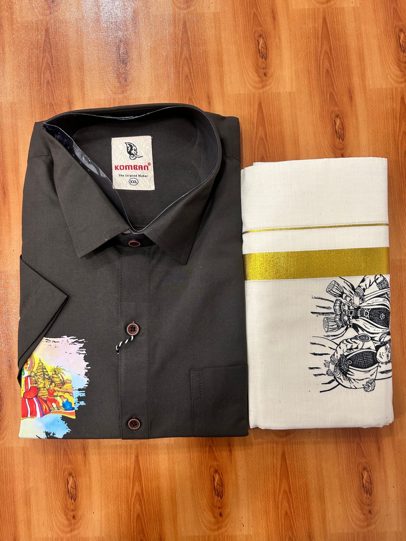 Combo Shirt Mund Mixed cotton - Half Sleeve - KaithariKada - 1 inch Gold Kasav Kara & Kathakali Printed Chocolate Brown Shirt - 11 KK7052 KUT