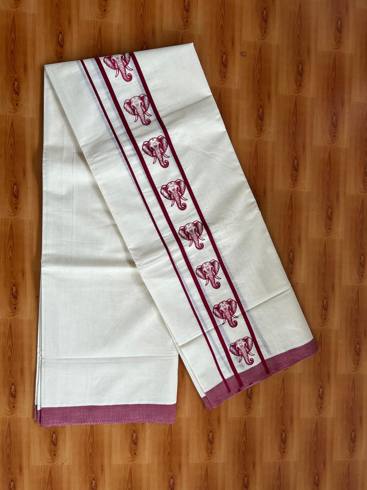 Double Off White (Unbleached) Mundu/Dhoti - 20% Discount! KaithariKada Pulimood 100% Cotton 80x72 - 2.5 inch Maroon Elephant Printed Design Kara - 4 mtr (8.5 muzham) - 33 KK5553 STH