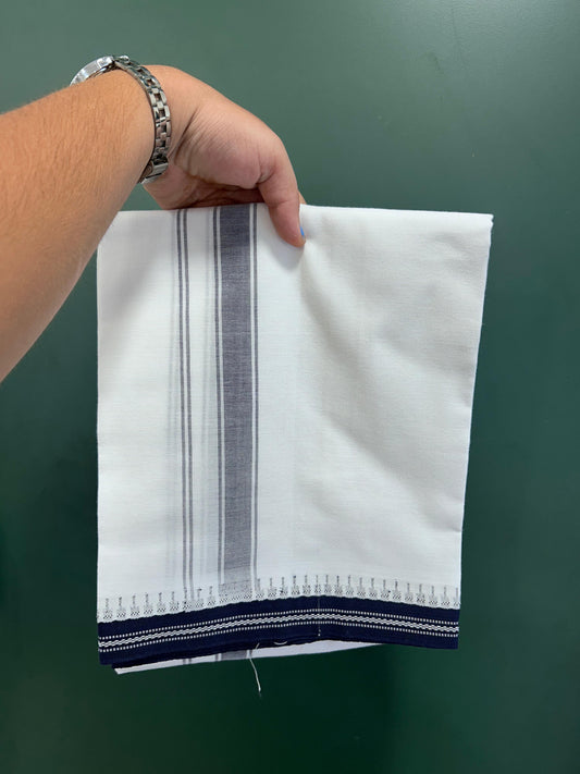 Premium Kathar Type Mercerised Pure Cotton Single Mundu Kaitharikada Special - Kaily / Lungi -  1 inch Navy Blue Striped kara With White Body Kuppadam Border (2 meter / 4 muzham) - 1 KK8076 MRH