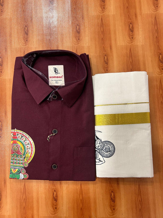 Combo Shirt Mund Mixed cotton - Full Sleeve - KaithariKada - 1 inch Gold Kasav Kara & Kathakali Printed Maroon Shirt - 5 KK7052 KUT
