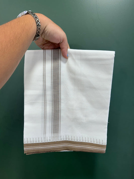 Premium Kathar Type Mercerised Pure Cotton Single Mundu Kaitharikada Special - Kaily / Lungi -  1 inch Olive Brown Striped kara With White Body Kuppadam Border (2 meter / 4 muzham) - 2 KK8076 MRH