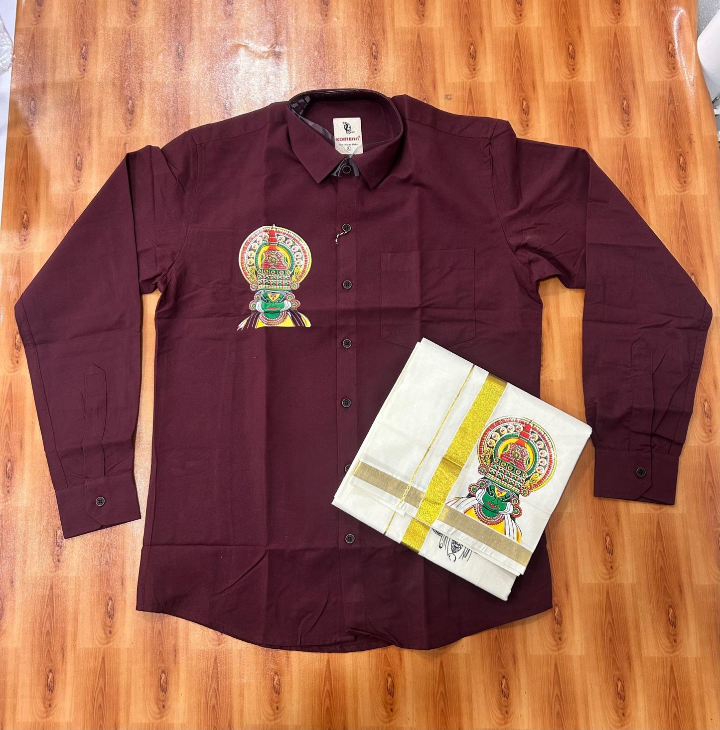 Combo Shirt Mund Mixed cotton - Full Sleeve - KaithariKada - 1 inch Gold Kasav Kara & Kathakali Printed Maroon Shirt - 5 KK7052 KUT