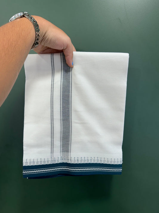 Premium Kathar Type Mercerised Pure Cotton Single Mundu Kaitharikada Special - Kaily / Lungi -  1 inch Peacock Green Striped kara With White Body Kuppadam Border (2 meter / 4 muzham) - 5 KK8076 MRH