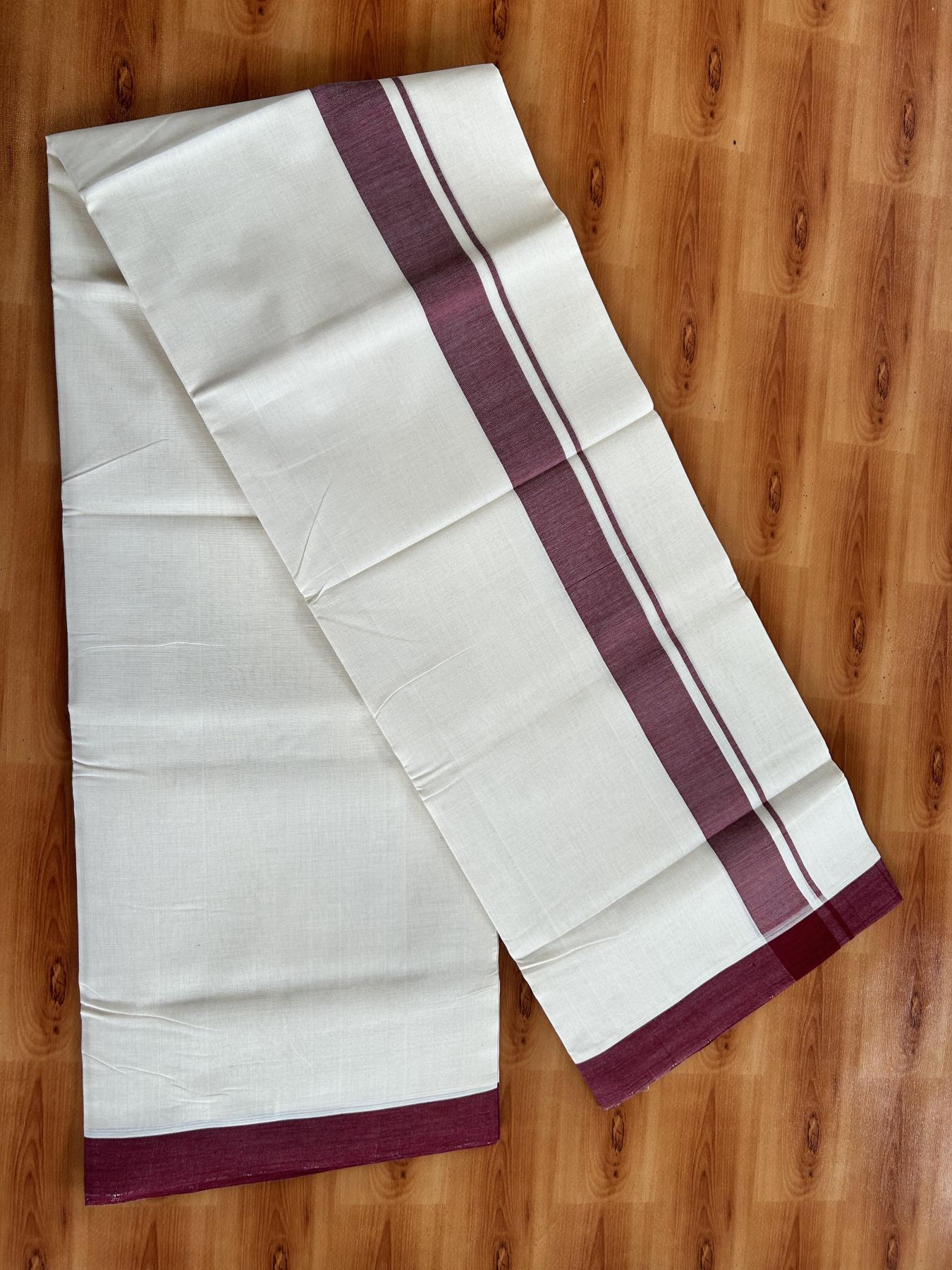 Double Off White (Unbleached) Mundu/Dhoti - 25% Discount! KaithariKada Handloom Unakkupaav - Kerala Handloom - Pure Cotton - 80x90 - 1.5 Inch Maroon Kara 4 mtr (8.5 Muzham) - 20 KK5439 YAR