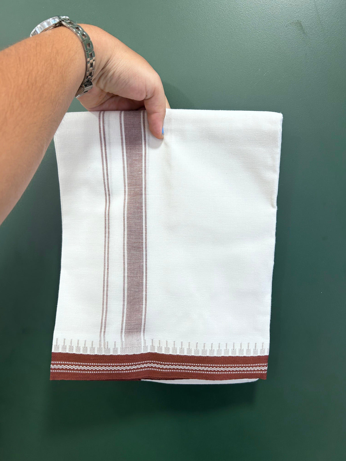 Premium Kathar Type Mercerised Pure Cotton Single Mundu Kaitharikada Special - Kaily / Lungi -  1 inch Burnt Brown Striped kara With White Body Kuppadam Border (2 meter / 4 muzham) - 4 KK8076 MRH