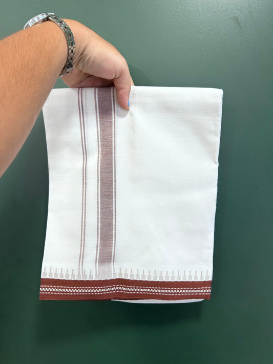 Premium Kathar Type Mercerised Pure Cotton Single Mundu Kaitharikada Special - Kaily / Lungi -  1 inch Burnt Brown Striped kara With White Body Kuppadam Border (2 meter / 4 muzham) - 4 KK8076 MRH