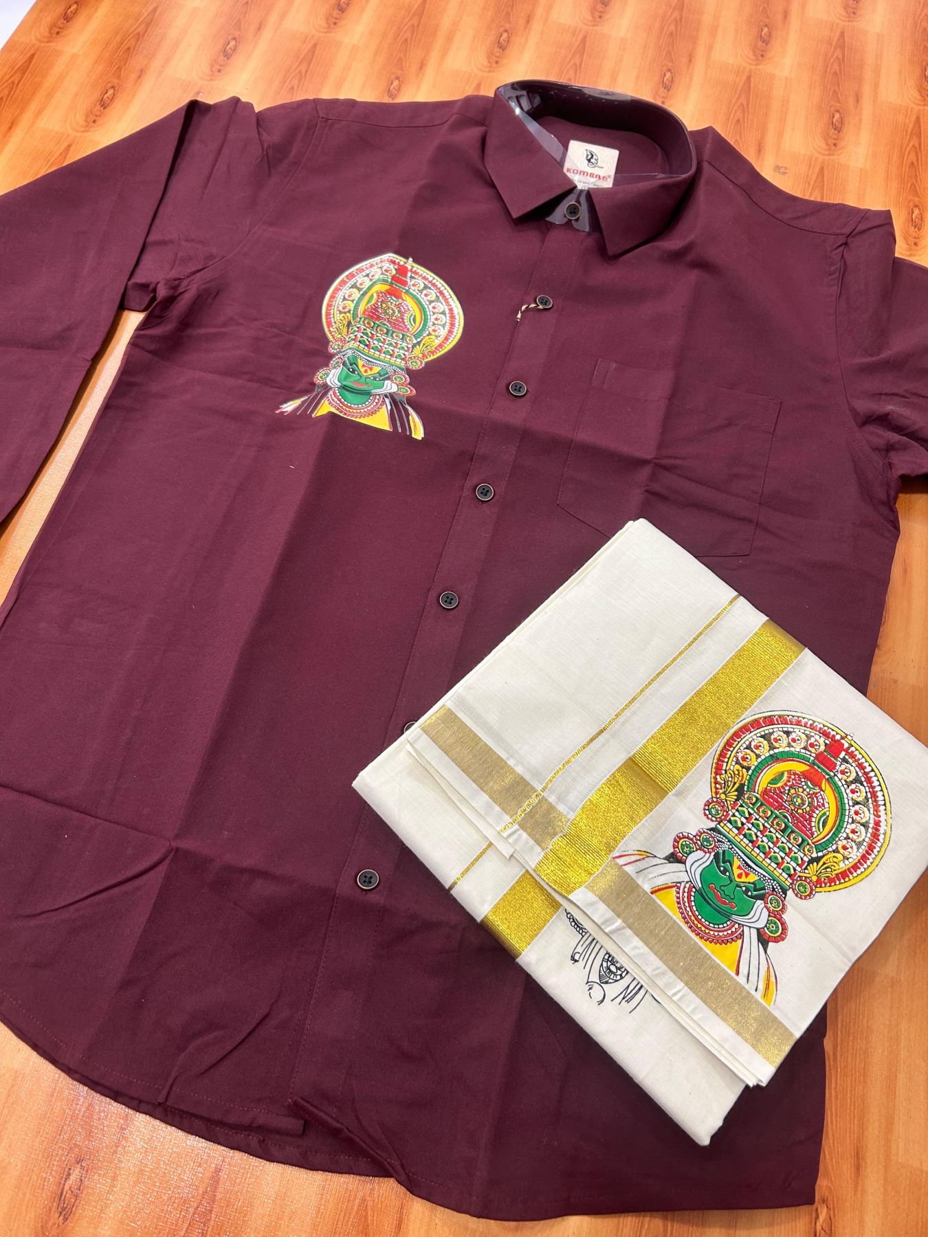 Combo Shirt Mund Mixed cotton - Full Sleeve - KaithariKada - 1 inch Gold Kasav Kara & Kathakali Printed Maroon Shirt - 5 KK7052 KUT