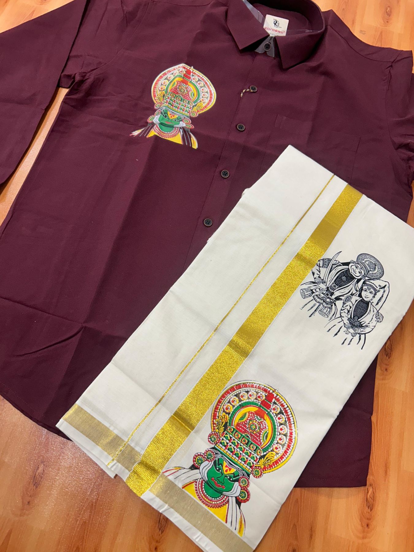 Combo Shirt Mund Mixed cotton - Full Sleeve - KaithariKada - 1 inch Gold Kasav Kara & Kathakali Printed Maroon Shirt - 5 KK7052 KUT