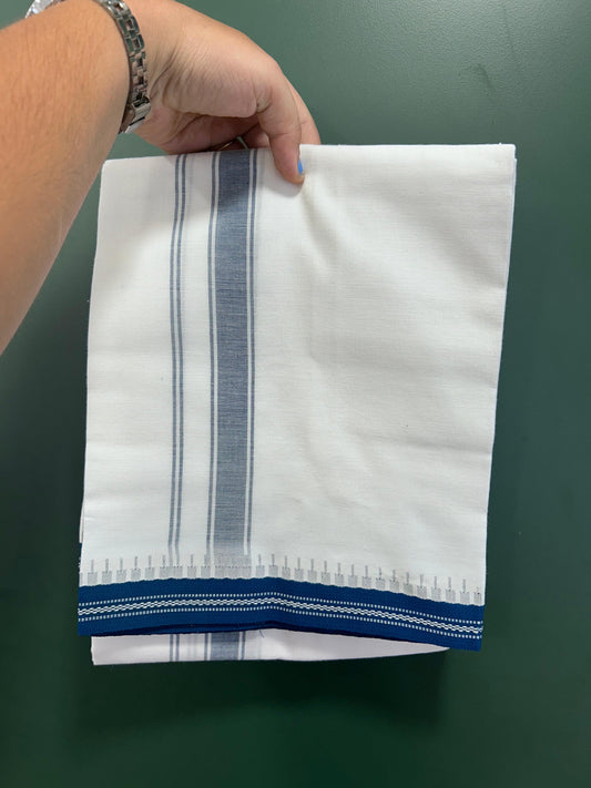 Premium Kathar Type Mercerised Pure Cotton Single Mundu Kaitharikada Special - Kaily / Lungi -  1 inch Peacock Blue Striped kara With White Body Kuppadam Border (2 meter / 4 muzham) - 3 KK8076 MRH
