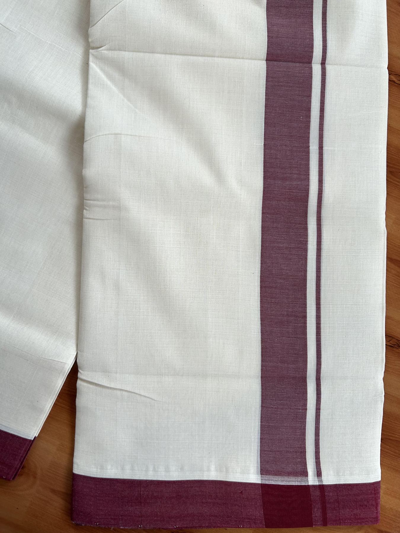 Double Off White (Unbleached) Mundu/Dhoti - 25% Discount! KaithariKada Handloom Unakkupaav - Kerala Handloom - Pure Cotton - 80x90 - 1.5 Inch Maroon Kara 4 mtr (8.5 Muzham) - 20 KK5439 YAR