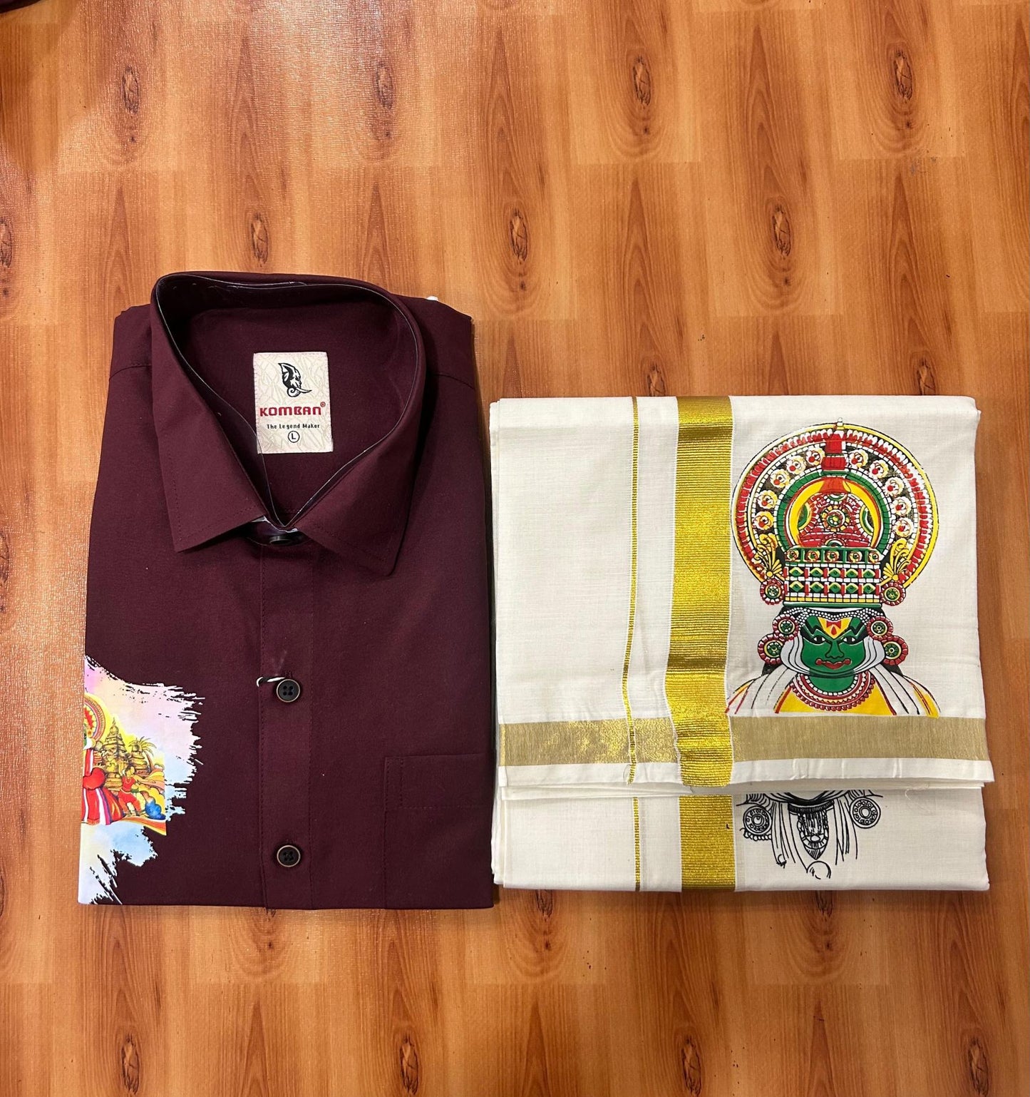 Combo Shirt Mund Mixed cotton - Full Sleeve - KaithariKada - 1 inch Gold Kasav Kara & Kathakali Printed Maroon Shirt - 6 KK7052 KUT