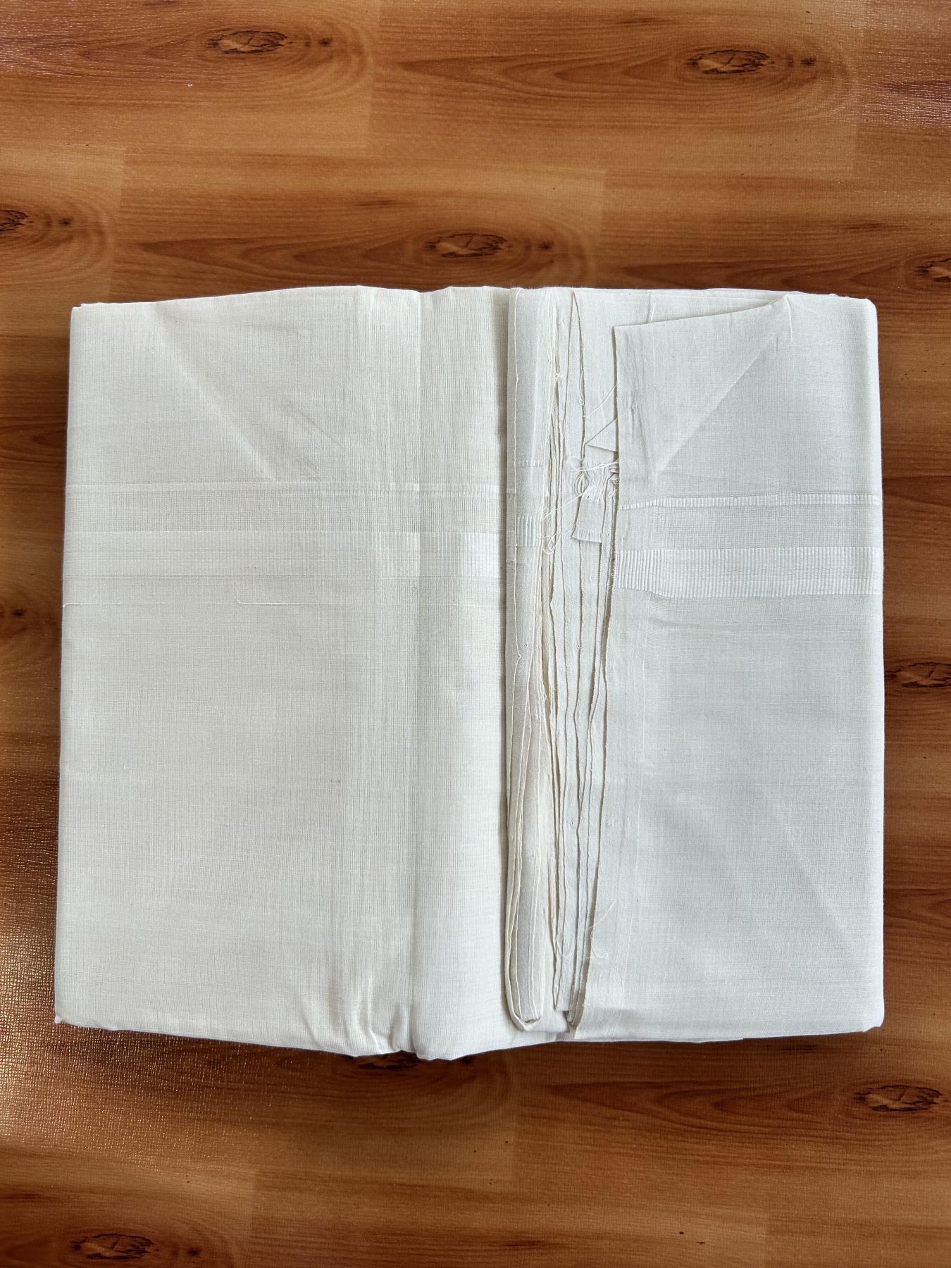 Double Off White  (Unbleached) Mundu/Dhoti - 25% Discount! KaithariKada Handloom Unakkupaav - Kerala Handloom- 100% Pure Cotton - 80x90 - 0.75 Inch White Kara 4 mtr (8.5 Muzham) - 25 KK5439 YAR