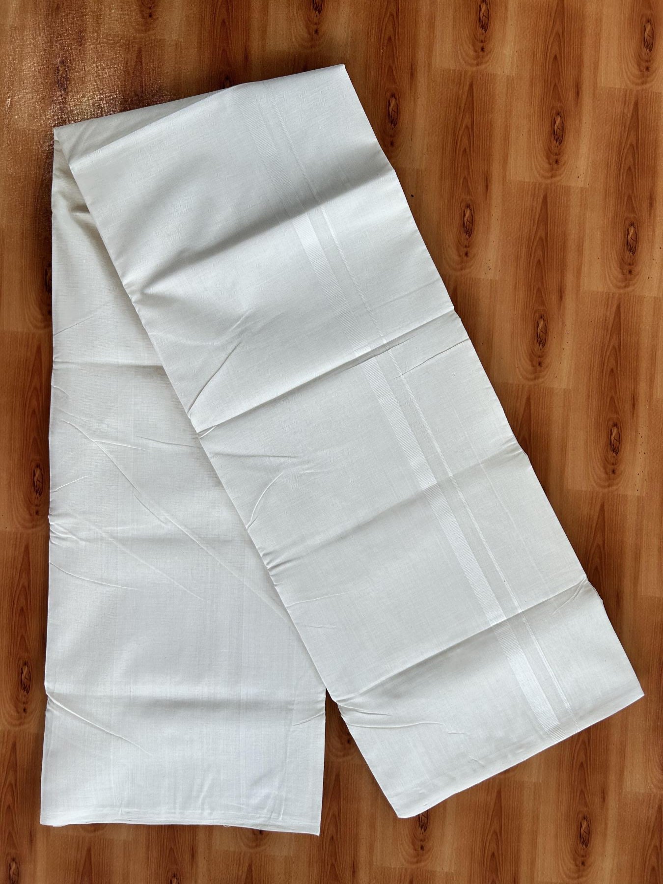 Double Off White  (Unbleached) Mundu/Dhoti - 25% Discount! KaithariKada Handloom Unakkupaav - Kerala Handloom- 100% Pure Cotton - 80x90 - 0.75 Inch White Kara 4 mtr (8.5 Muzham) - 25 KK5439 YAR