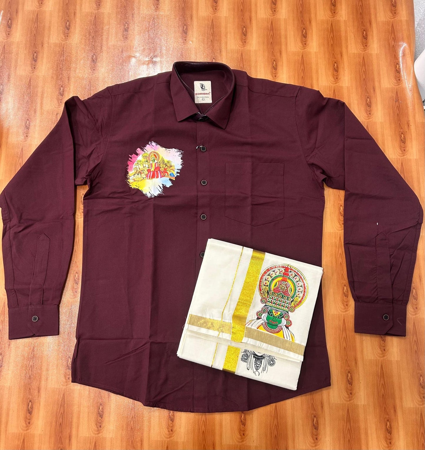 Combo Shirt Mund Mixed cotton - Full Sleeve - KaithariKada - 1 inch Gold Kasav Kara & Kathakali Printed Maroon Shirt - 6 KK7052 KUT