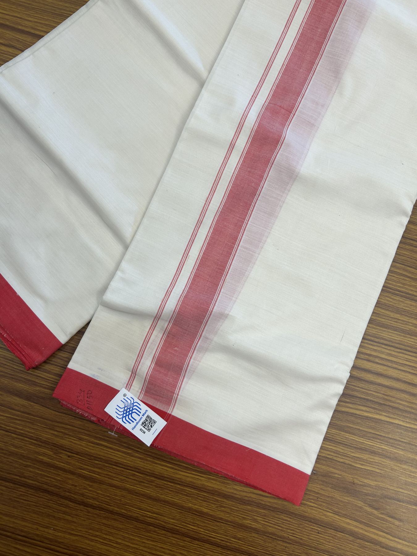 Kerala Handloom - Signature Kaitharikada - Government Sealed Hallmarked-100% Pure Cotton! (2/120X2/160) Twisted Thread- Off White Double Mundu/Dhoti - 1.25 inch Red Shaded Striped Kara 4 mtr (8.5 muzham) - 3 KK5333 KAL
