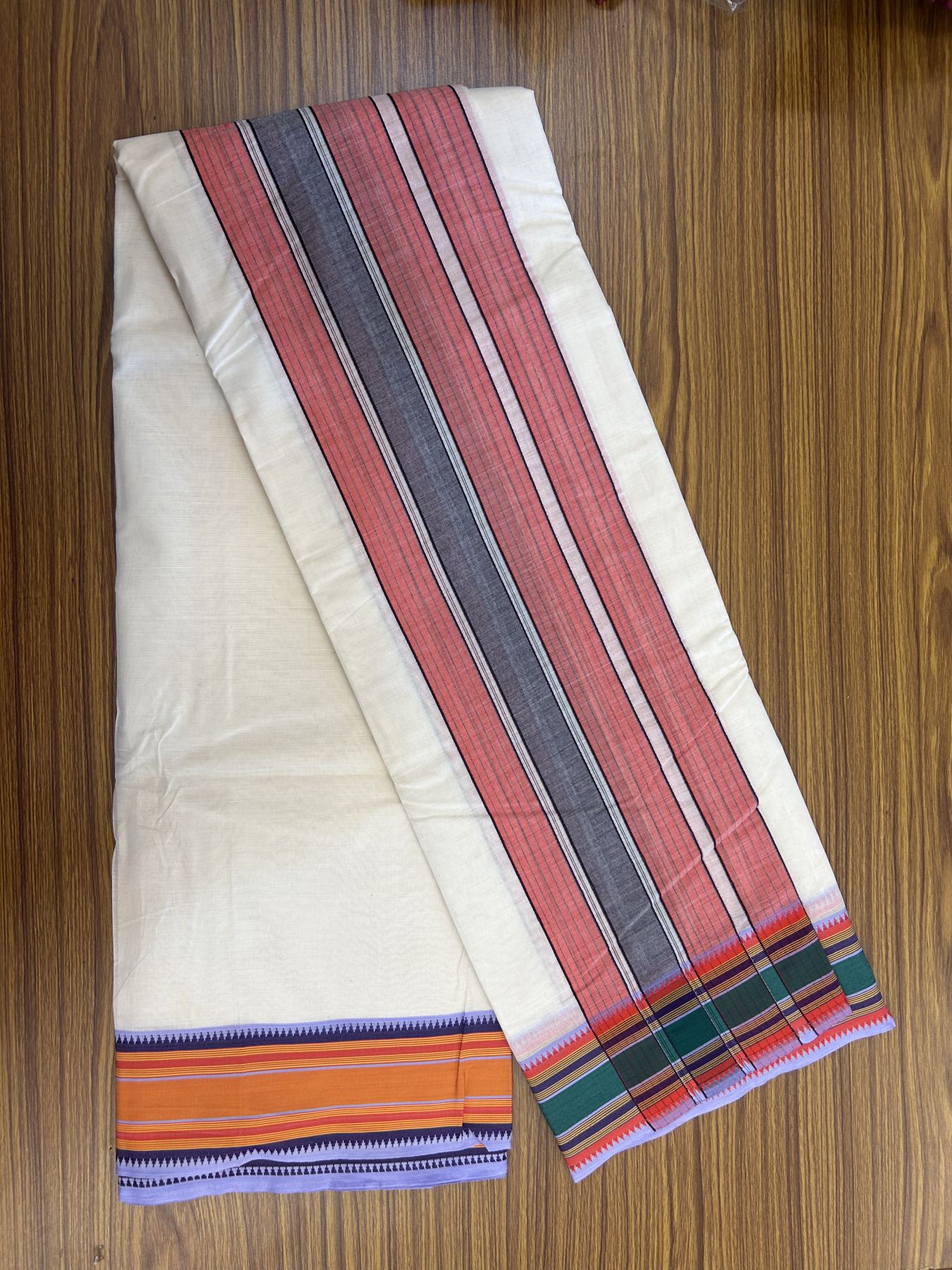 Panchakacham Dhoti - 20% Discount! KaithariKada 100% Cotton Off White - (Unbleached) - Pure Cotton -100x80 thread - North Indian - Attached Gamcha 9X5 Dhoti Red Violet kara with Green Red & Violet Yellow Striped border - 5 KK5333 PMC