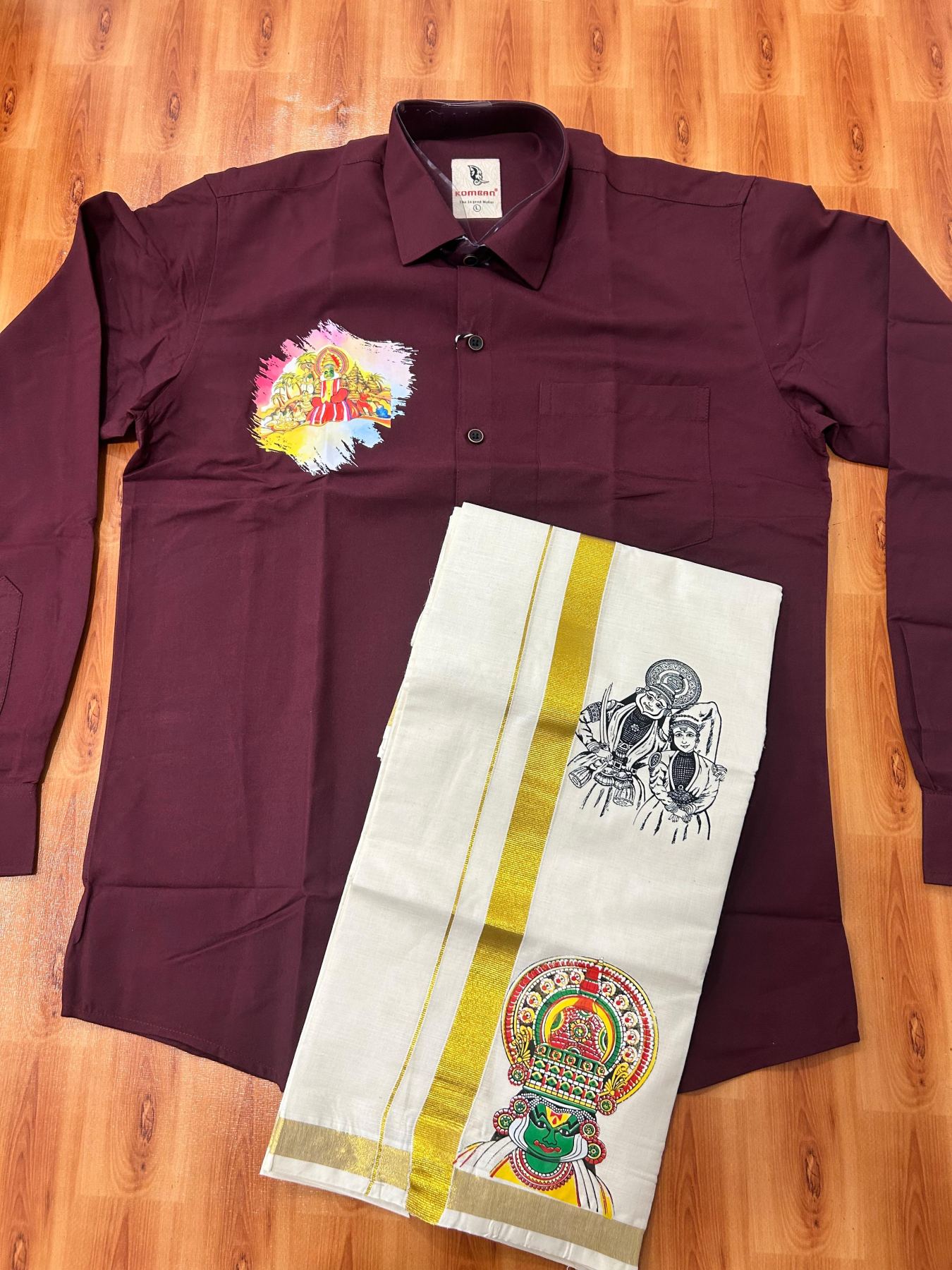 Combo Shirt Mund Mixed cotton - Full Sleeve - KaithariKada - 1 inch Gold Kasav Kara & Kathakali Printed Maroon Shirt - 6 KK7052 KUT