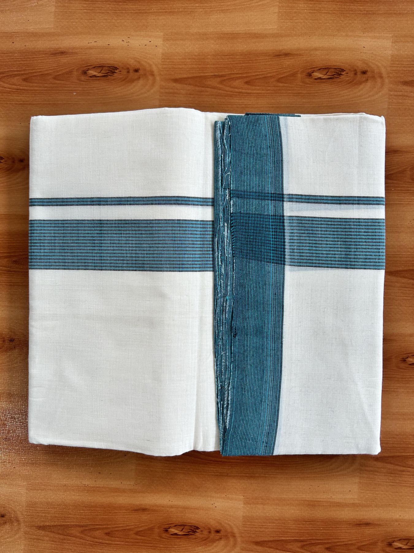 Double Off White (Unbleached) Mundu/Dhoti - 25% Discount! KaithariKada Handloom Unakkupaav - Kerala Handloom - Pure Cotton - 80x90 - 1.5 Inch Teal Green & Black Shaded Striped Kara 4 mtr (8.5 Muzham) - 16 KK5439 YAR