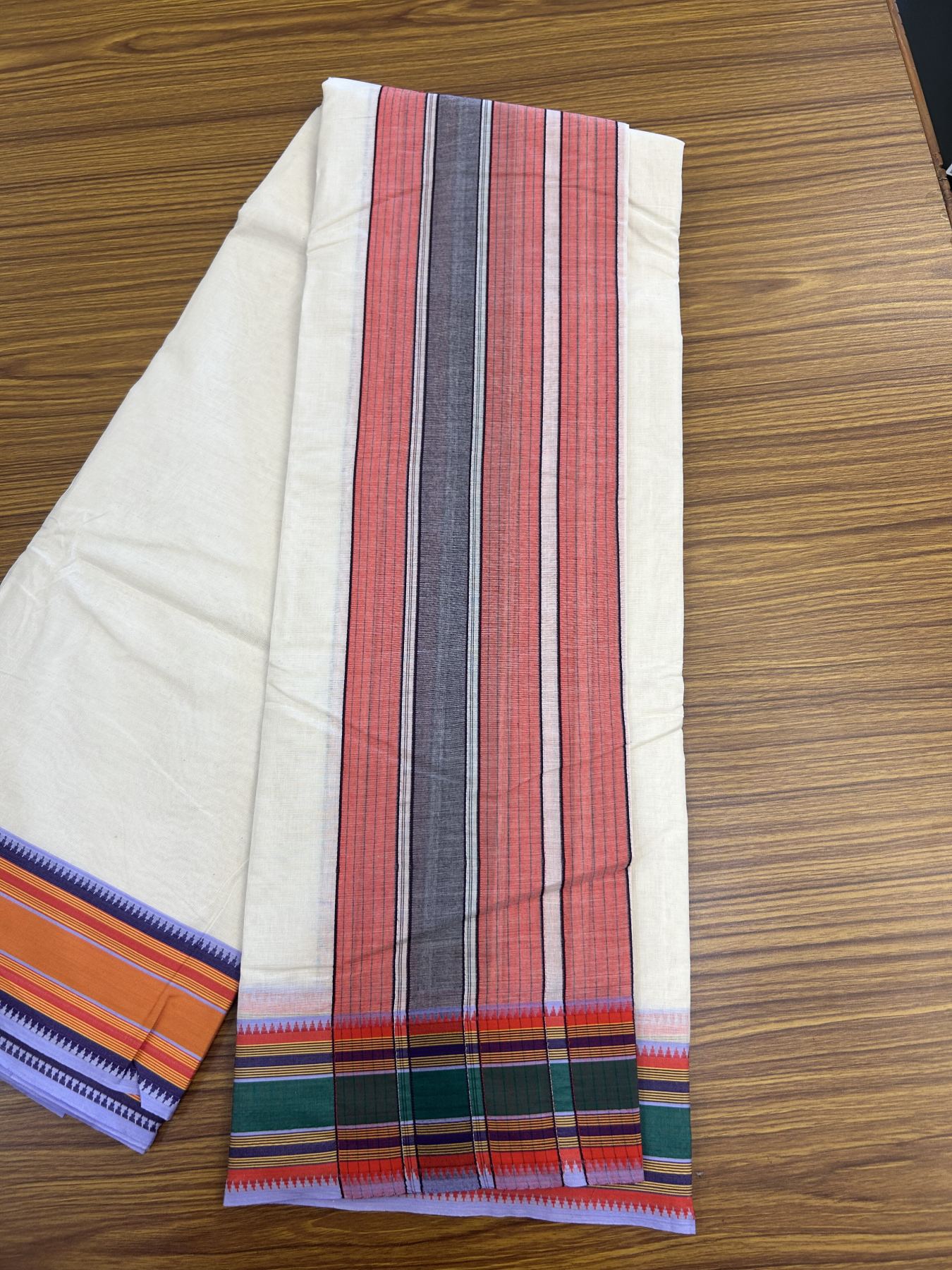 Panchakacham Dhoti - 20% Discount! KaithariKada 100% Cotton Off White - (Unbleached) - Pure Cotton -100x80 thread - North Indian - Attached Gamcha 9X5 Dhoti Red Violet kara with Green Red & Violet Yellow Striped border - 5 KK5333 PMC