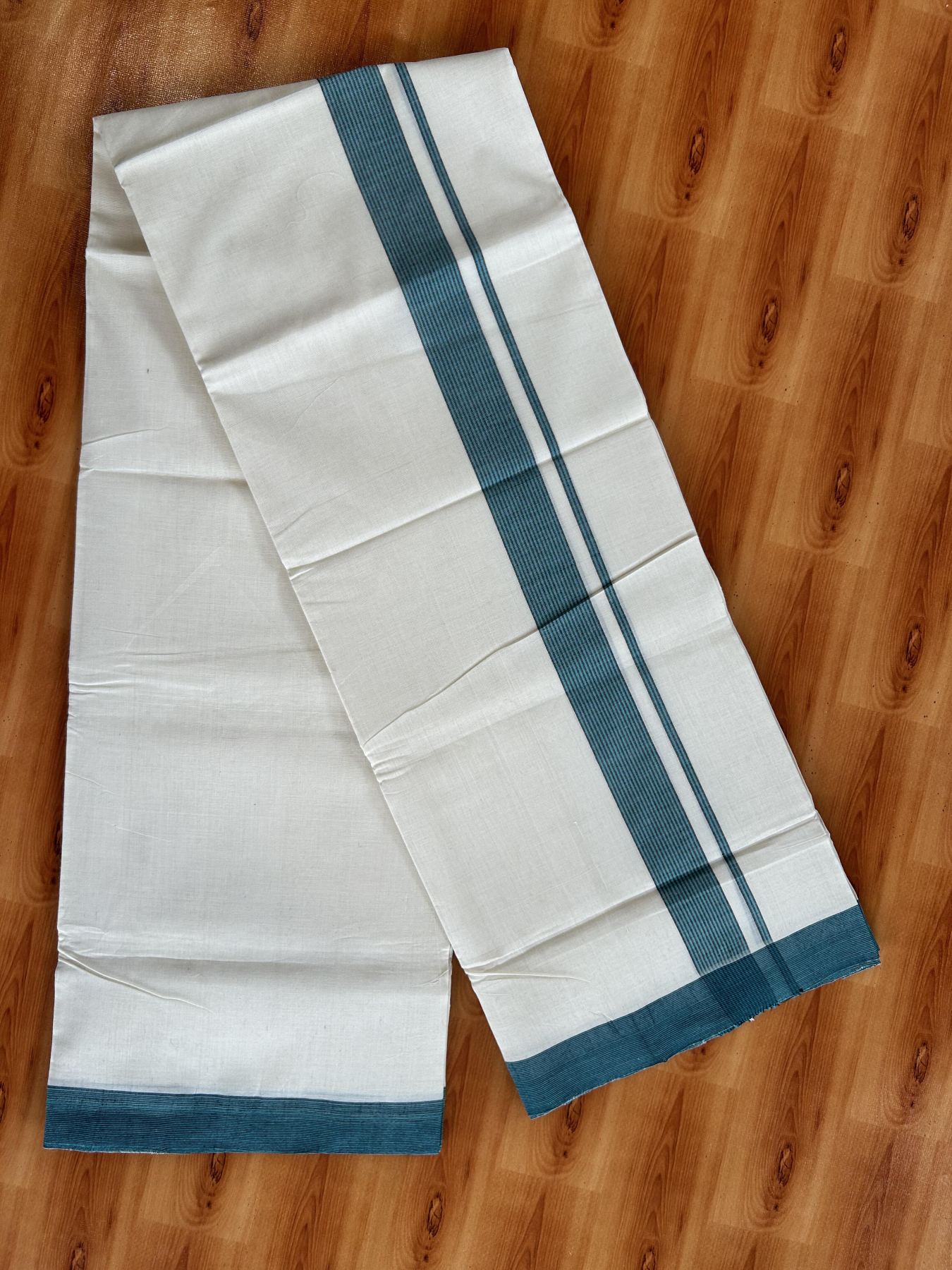 Double Off White (Unbleached) Mundu/Dhoti - 25% Discount! KaithariKada Handloom Unakkupaav - Kerala Handloom - Pure Cotton - 80x90 - 1.5 Inch Teal Green & Black Shaded Striped Kara 4 mtr (8.5 Muzham) - 16 KK5439 YAR