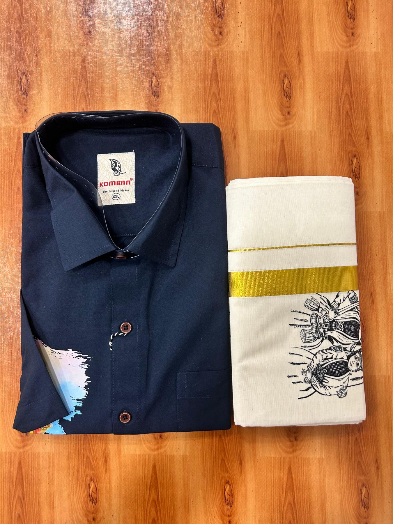 Combo Shirt Mund Mixed cotton - Half Sleeve - KaithariKada - 1 inch Gold Kasav Kara & Kathakali Printed Navy Blue Shirt - 9 KK7052 KUT