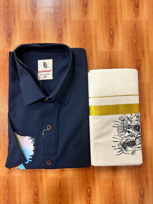 Combo Shirt Mund Mixed cotton - Half Sleeve - KaithariKada - 1 inch Gold Kasav Kara & Kathakali Printed Navy Blue Shirt - 9 KK7052 KUT