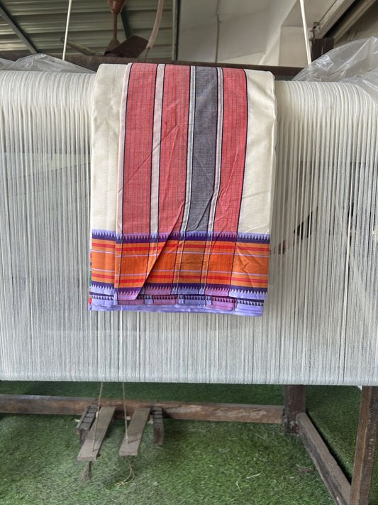 Panchakacham Dhoti - 20% Discount! KaithariKada 100% Cotton Off White - (Unbleached) - Pure Cotton -100x80 thread - North Indian - Attached Gamcha 9X5 Dhoti Red Violet kara with Green Red & Violet Yellow Striped border - 5 KK5333 PMC