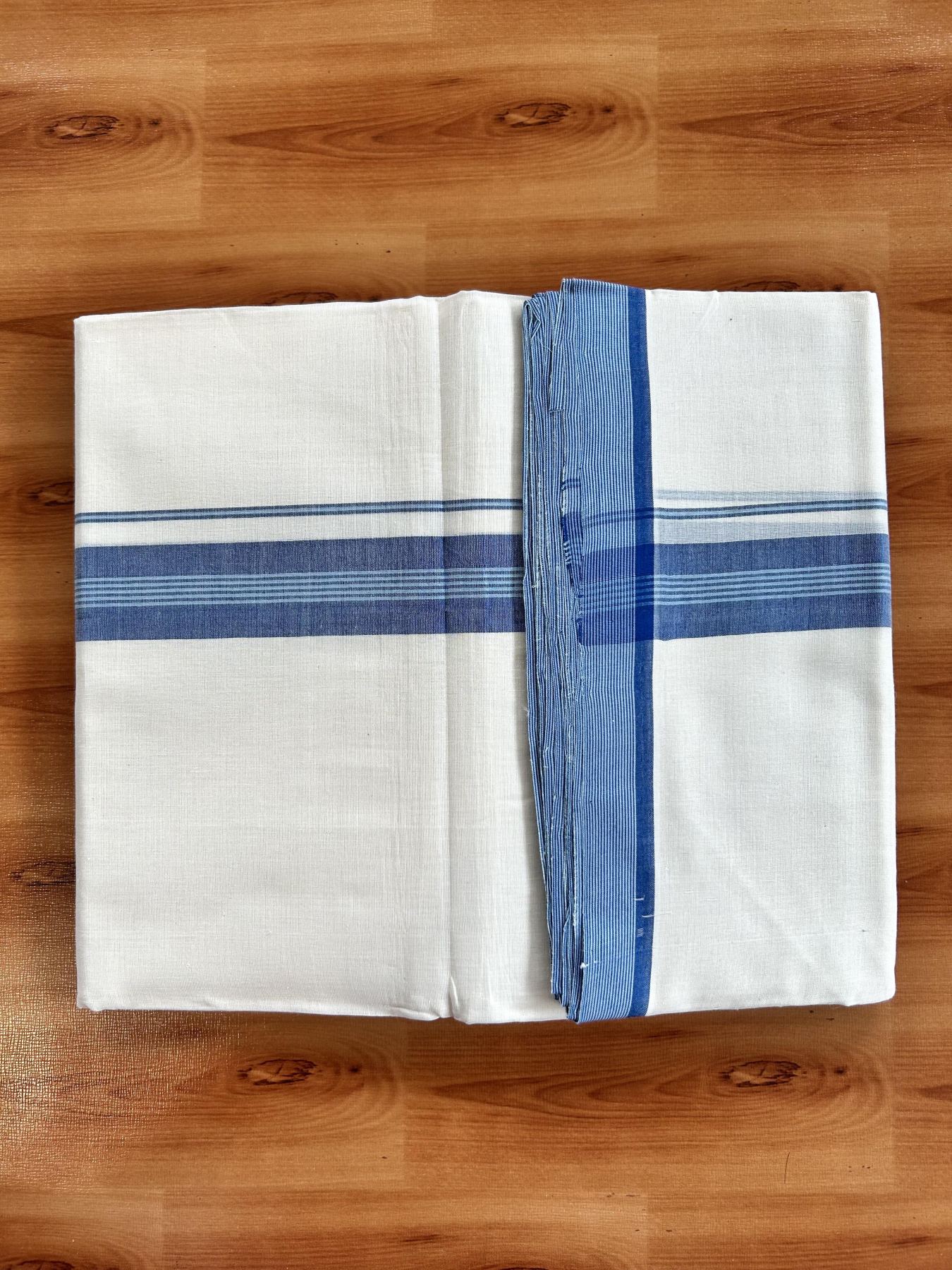 Double Off White (Unbleached) Mundu/Dhoti - 25% Discount! KaithariKada Handloom Unakkupaav - Kerala Handloom - Pure Cotton - 80x90 - 1.25 Inch Blue & Sky Blue Shaded Striped Kara 4 mtr (8.5 Muzham) - 15 KK5439 YAR