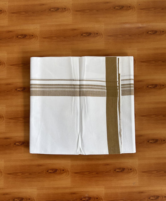 Single Mundu/Dhoti  - Pure White - 29% Discount !! KaithariKada Balaramapuram 100% Cotton - Twisted 60s Thread -1 Inch Silver Kasav & Sand Brown Shaded Striped Kara (2 meter / 4 muzham) - 39 KK5393 GL