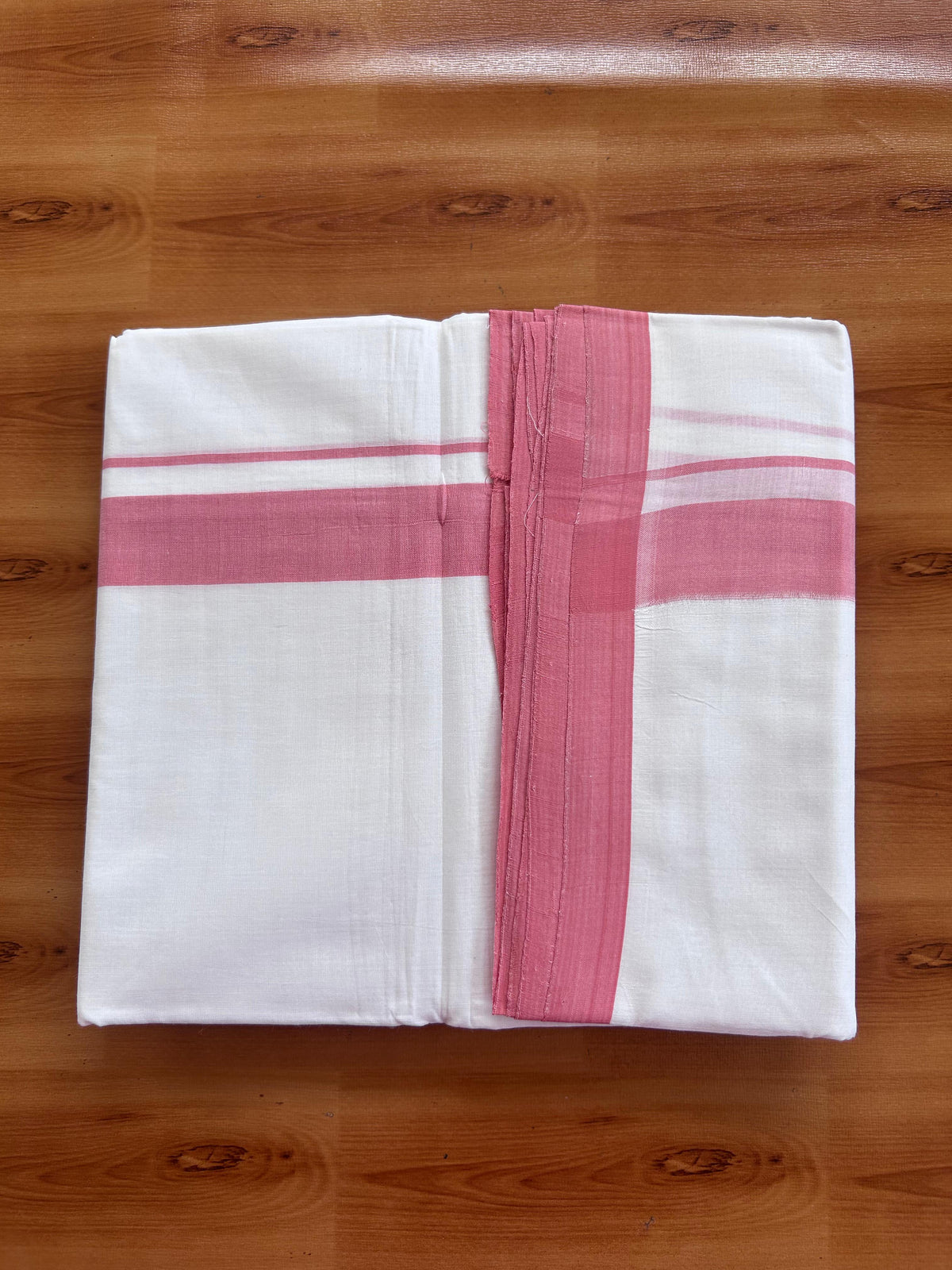 Double Pure White 25% Discount ! KaithariKada Handloom Millpaav - Kerala Handloom - 100% Pure Cotton - 100x90 - 1.25 inch Peach Kara 3.90 mtr (8.36 Muzham) - 46 KK5496 YAR