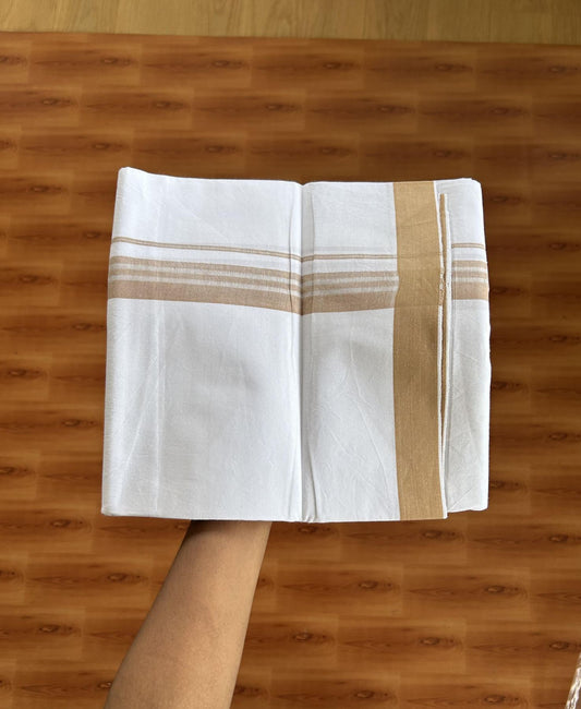 Single Mundu/Dhoti  - Pure White - 29% Discount !! KaithariKada Balaramapuram 100% Cotton - Twisted 60s Thread -1 Inch Silver Kasav & Brownish Peach Shaded Striped Kara (2 meter / 4 muzham) - 38 KK5393 GL