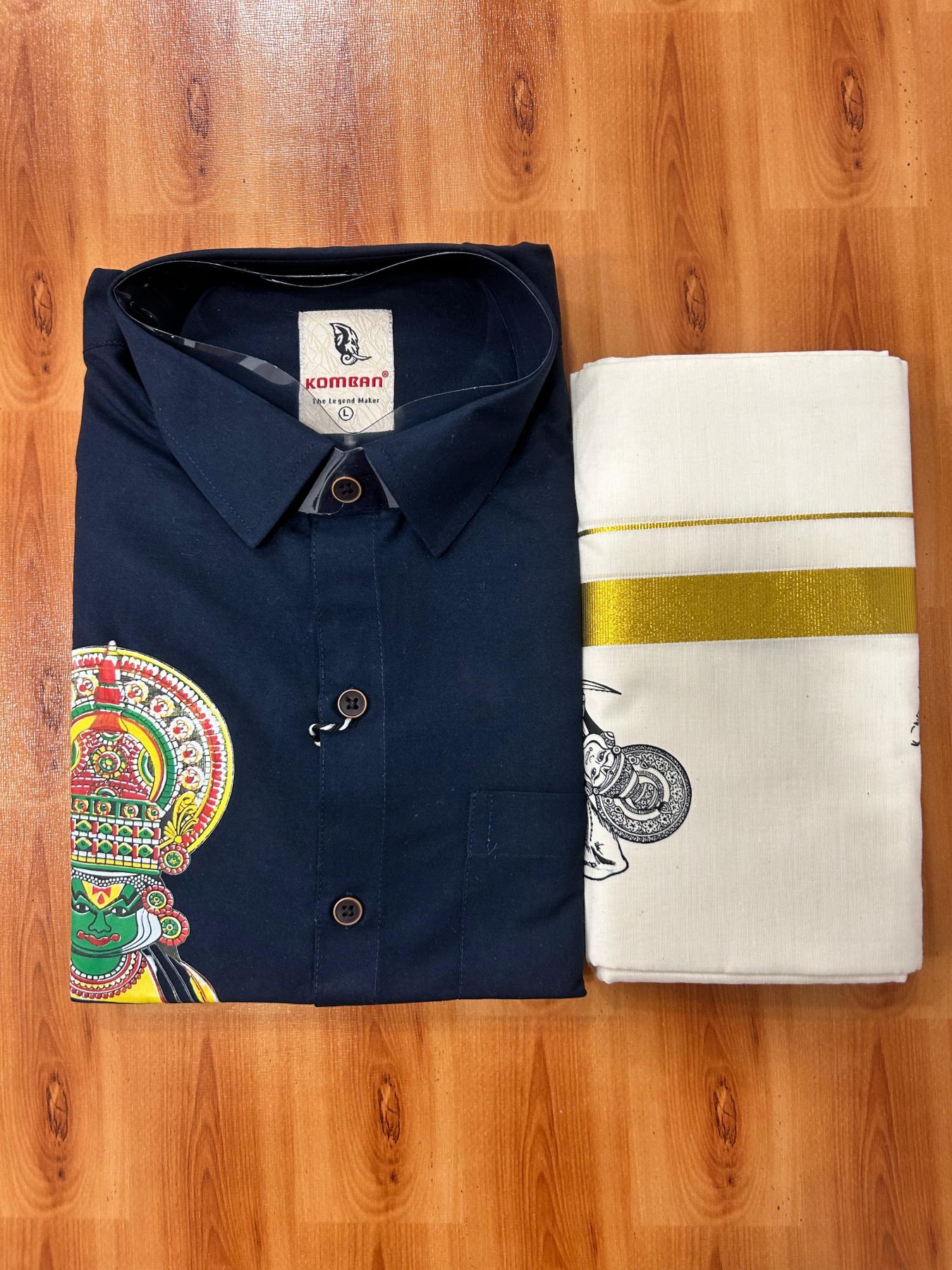 Combo Shirt Mund Mixed cotton - Full Sleeve - KaithariKada - 1 inch Gold Kasav Kara & Kathakali Printed Navy Blue Shirt - 7 KK7052 KUT