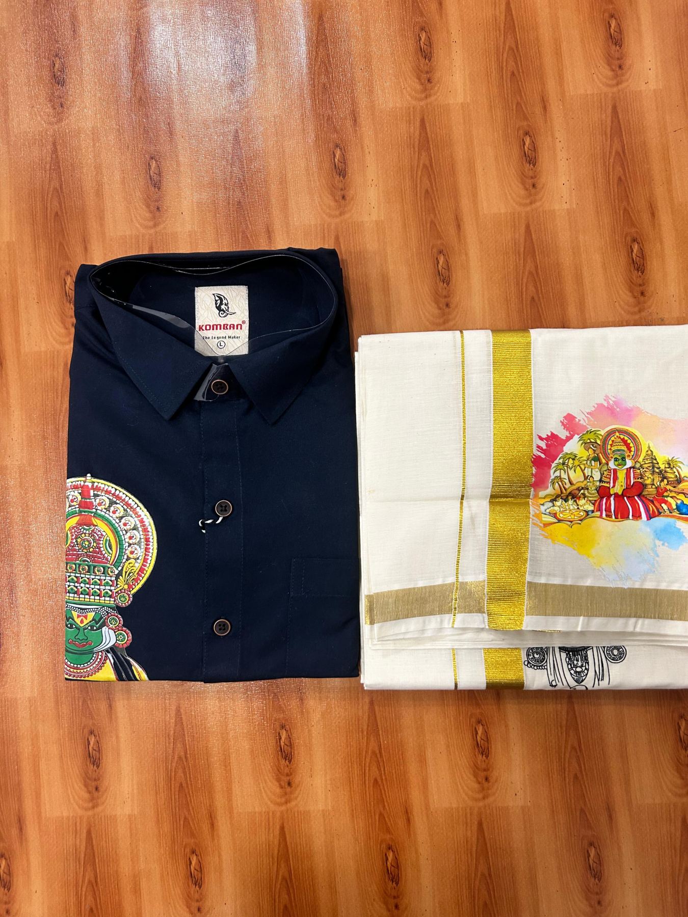 Combo Shirt Mund Mixed cotton - Full Sleeve - KaithariKada - 1 inch Gold Kasav Kara & Kathakali Printed Navy Blue Shirt - 7 KK7052 KUT