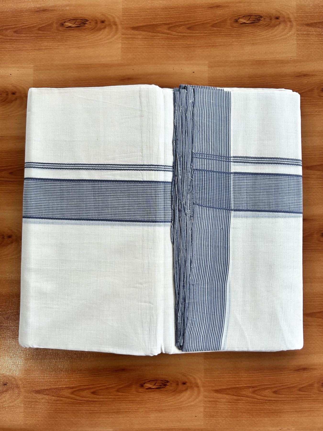 Double Off White (Unbleached) Mundu/Dhoti - 25% Discount! KaithariKada Handloom Unakkupaav - Kerala Handloom - Pure Cotton - 80x90 - 1.5 Inch Navy Blue Striped Kara 4 mtr (8.5 Muzham) - 14 KK5439 YAR
